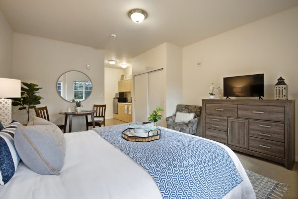 A view of the television and television stand in the bedroom.