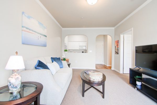 A living room with a couch, television, kitchenette in the background