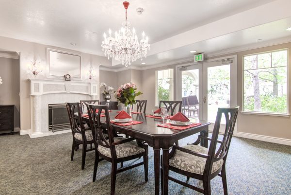 A large dining table with a fireplace in the background