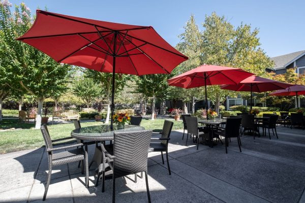 Tables, chairs, and umbrellas in the courtyard