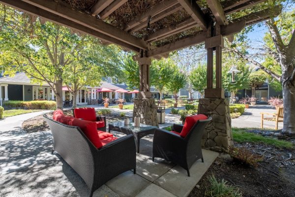 A covered seating area outside