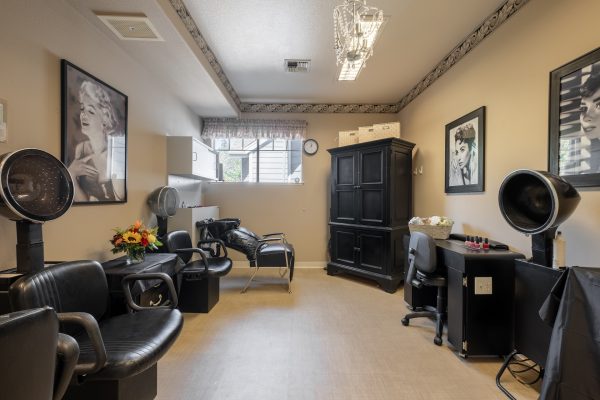 A hair salon with drying chairs