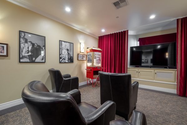 A small movie theater room with armchairs and a popcorn machine