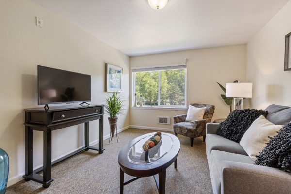 A small living room with a couch, armchair, coffee table, and television