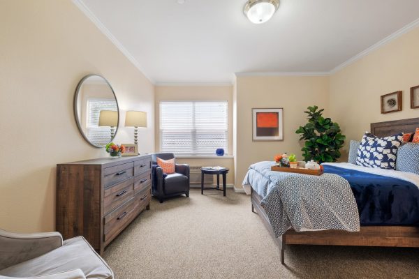 A bedroom with a large bed, dresser, and mirror