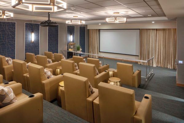 A view of the chairs and screen in the movie room