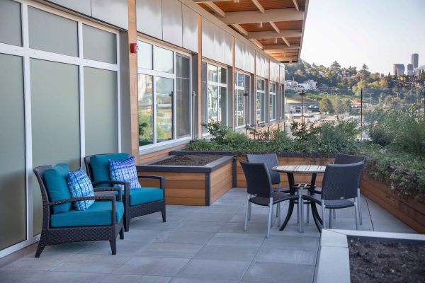 A patio with a table, chairs, and trees in the background