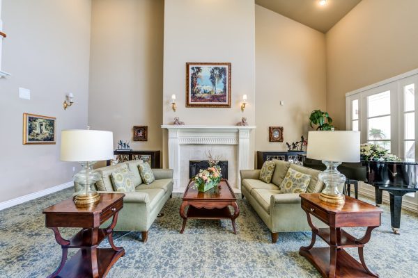 Two couches facing each other with a coffee table in the middle and a fireplace in the background