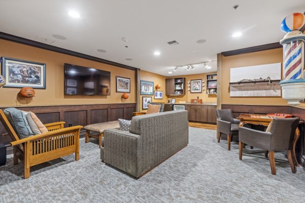 A sports-themed room with a couch, chairs, and a television