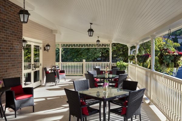 A covered patio seating area