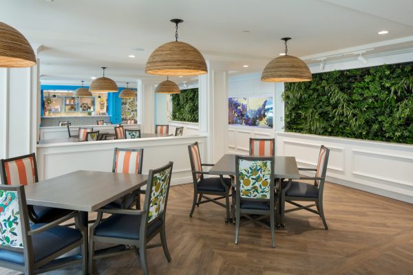 A bright and open seating area with a plant wall in the background