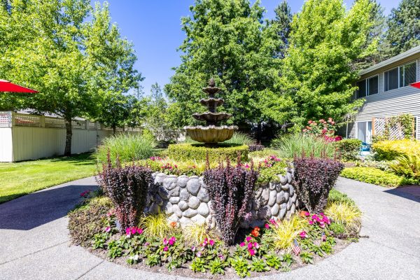 A fountain with flowers and plants around it