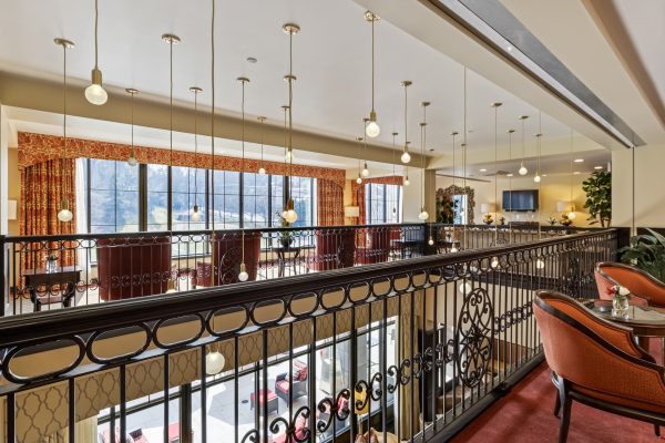 An atrium with decorative hanging lightbulbs