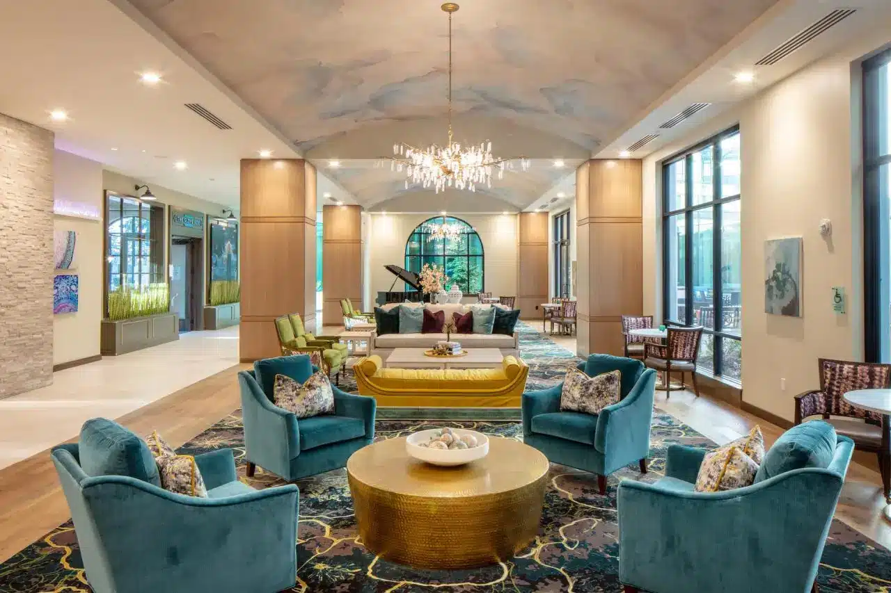Colorful lounge area with chandelier